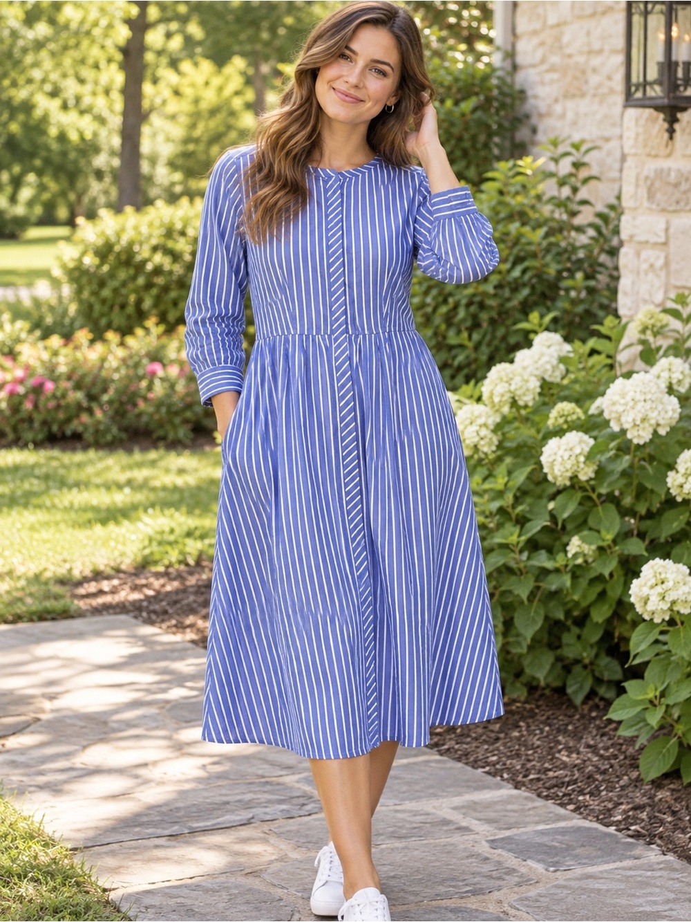 Blue and White Striped Long-Sleeve Midi Dress